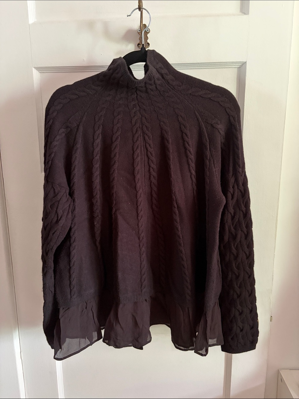 Anthropologie Black Cable Knit Turtleneck Sweater with Chiffon Hem